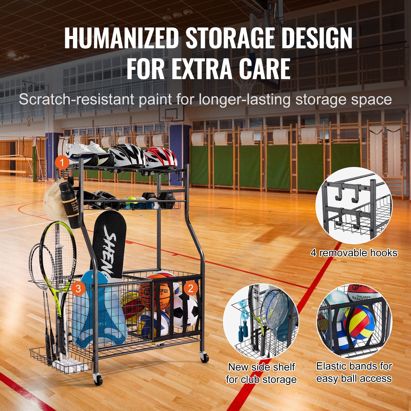 Sports Equipment Garage Organizer, Rolling Ball Storage Cart on Wheels, Basketball Rack with Baskets & Hooks, V952-QLSNJHSS4G2GUA6PTV0