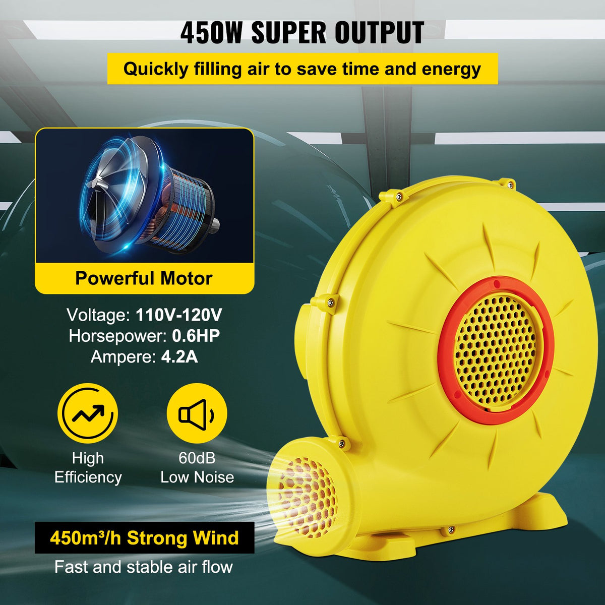 Air Blower Pump Fan Bounce House Blower 450W 0.6HP for Inflatable Bouncy V952-QMFJM480W110V6KXQV3