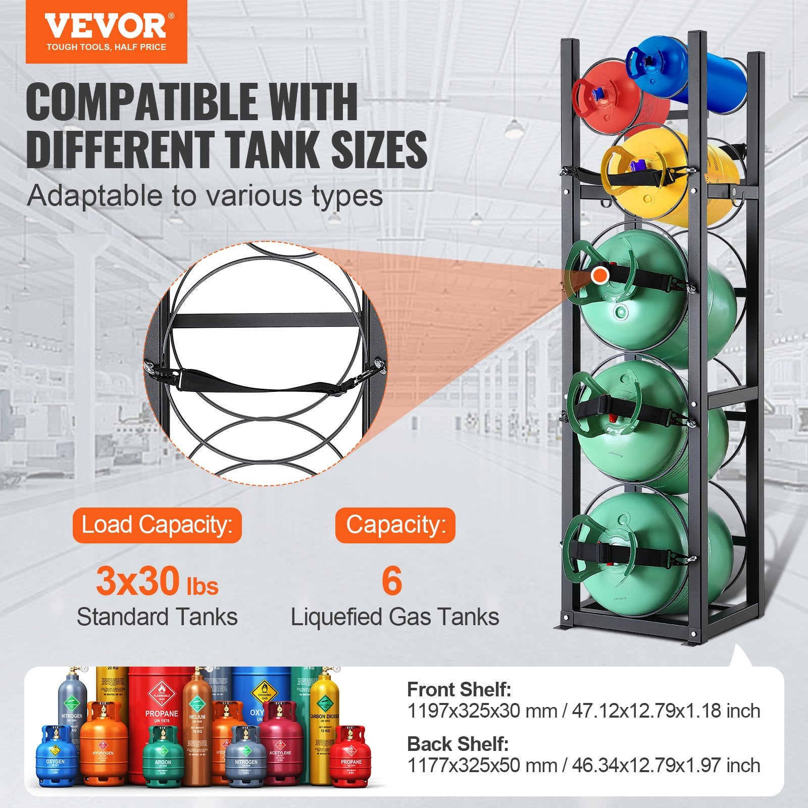 Refrigerant Tank Rack, with 3 x 30lbs and Other 3 Small Bottle Tanks, Cylinder Tank Rack 12.79x12.99x47.12 V952-QPCFJ305MM283UO4CV0