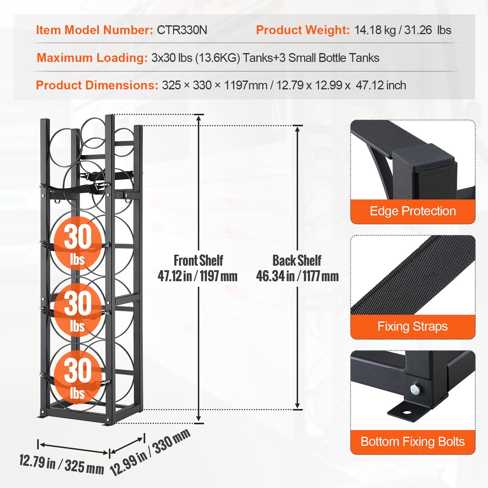 Refrigerant Tank Rack, with 3 x 30lbs and Other 3 Small Bottle Tanks, Cylinder Tank Rack 12.79x12.99x47.12 V952-QPCFJ305MM283UO4CV0