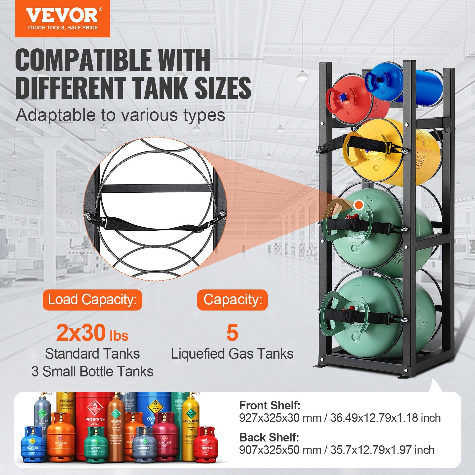 Refrigerant Tank Rack, with 2 x 30lbs and Other 3 Small Bottle Tanks, Cylinder Tank Rack 12.79x12.99x47.12 V952-QPCFJ305MM28FNID7V0