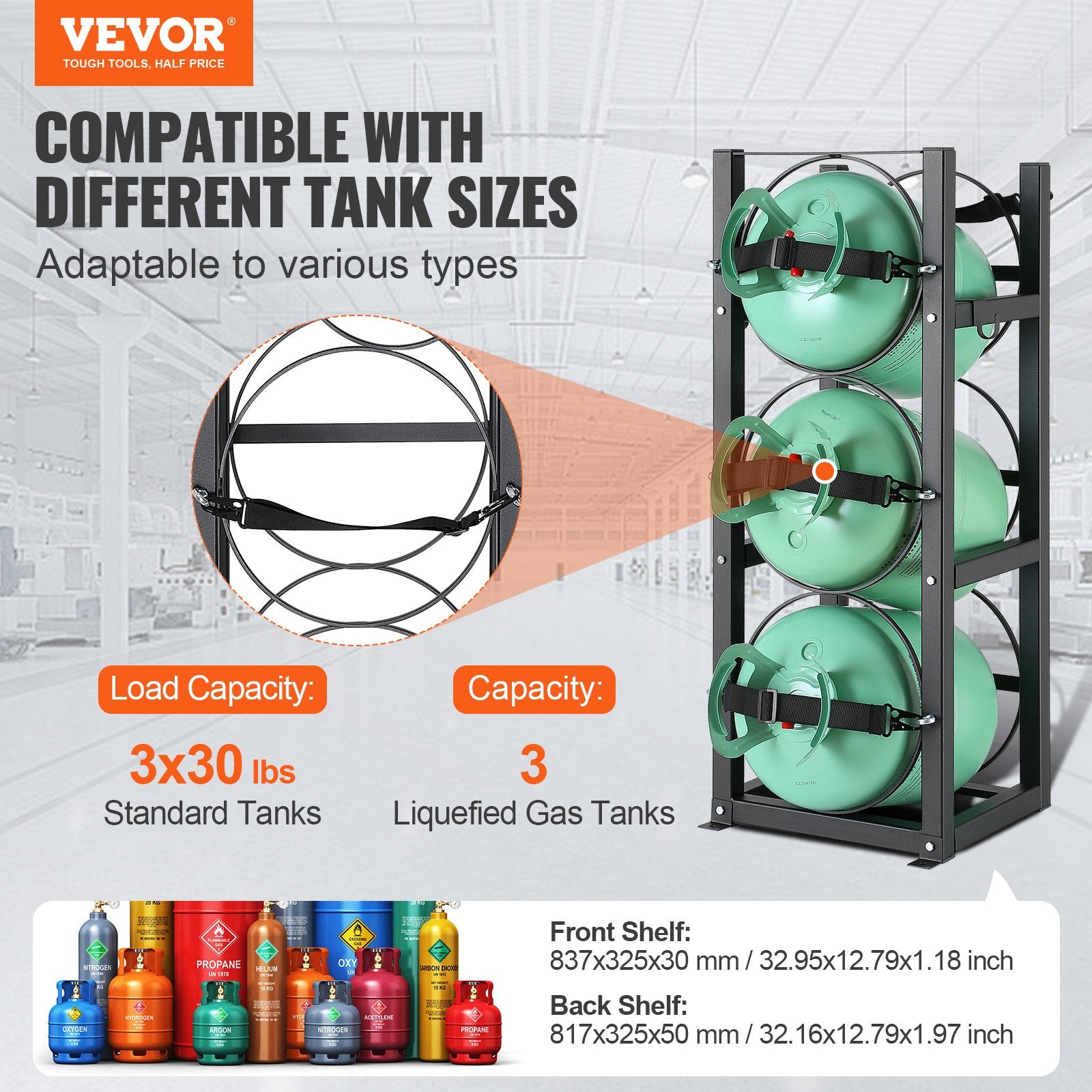Refrigerant Tank Rack, with 3 x 30lbs Bottle Tanks, Cylinder Tank Rack 12.79x12.99x33.07 in, Refrigerant V952-QPCFJ305MM28PV5A6V0