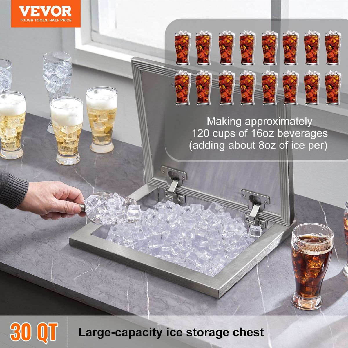 Drop in Ice Chest, 14"L x 12"W x 18"H Stainless Steel Ice Cooler, Commercial Ice Bin with Hinged Cover, 40 qt V952-QRSCBC14LX12BI5H8V0