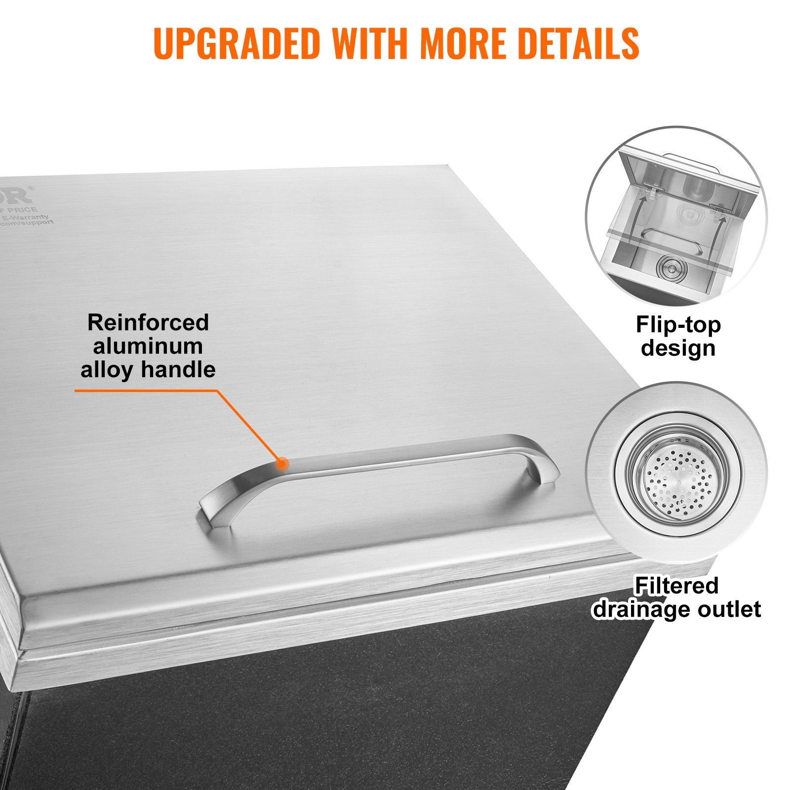 Drop in Ice Chest, 14"L x 12"W x 18"H Stainless Steel Ice Cooler, Commercial Ice Bin with Hinged Cover, 40 qt V952-QRSCBC14LX12BI5H8V0