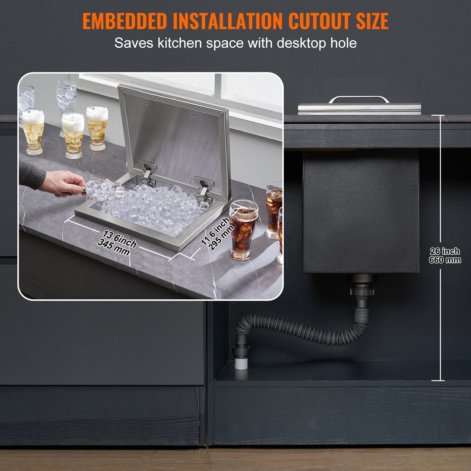 Drop in Ice Chest, 14"L x 12"W x 18"H Stainless Steel Ice Cooler, Commercial Ice Bin with Hinged Cover, 40 qt V952-QRSCBC14LX12BI5H8V0