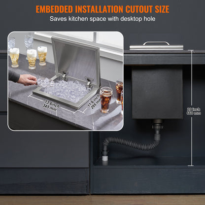 Drop in Ice Chest, 14"L x 12"W x 18"H Stainless Steel Ice Cooler, Commercial Ice Bin with Hinged Cover, 40 qt V952-QRSCBC14LX12BI5H8V0