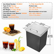 Drop in Ice Chest, 14"L x 12"W x 18"H Stainless Steel Ice Cooler, Commercial Ice Bin with Hinged Cover, 40 qt V952-QRSCBC14LX12BI5H8V0