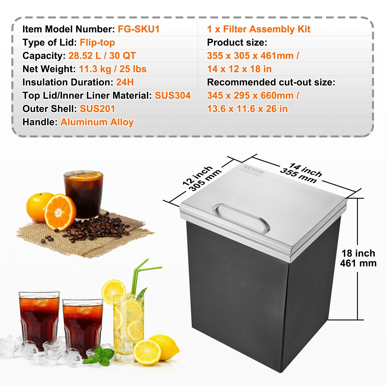 Drop in Ice Chest, 14"L x 12"W x 18"H Stainless Steel Ice Cooler, Commercial Ice Bin with Hinged Cover, 40 qt V952-QRSCBC14LX12BI5H8V0