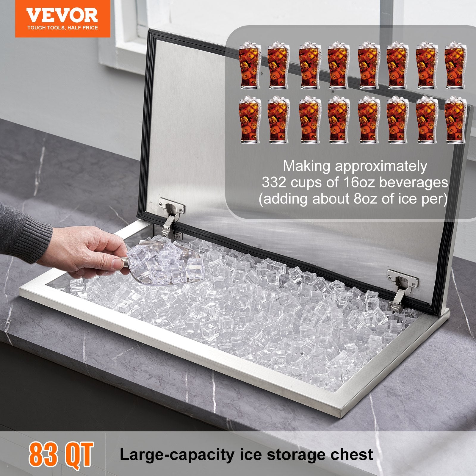 Drop in Ice Chest, 24"L x 20"W x 15"H Stainless Steel Ice Cooler, Commercial Ice Bin with Hinged Cover, 40 qt V952-QRSCBCFG20LXN50MQV0
