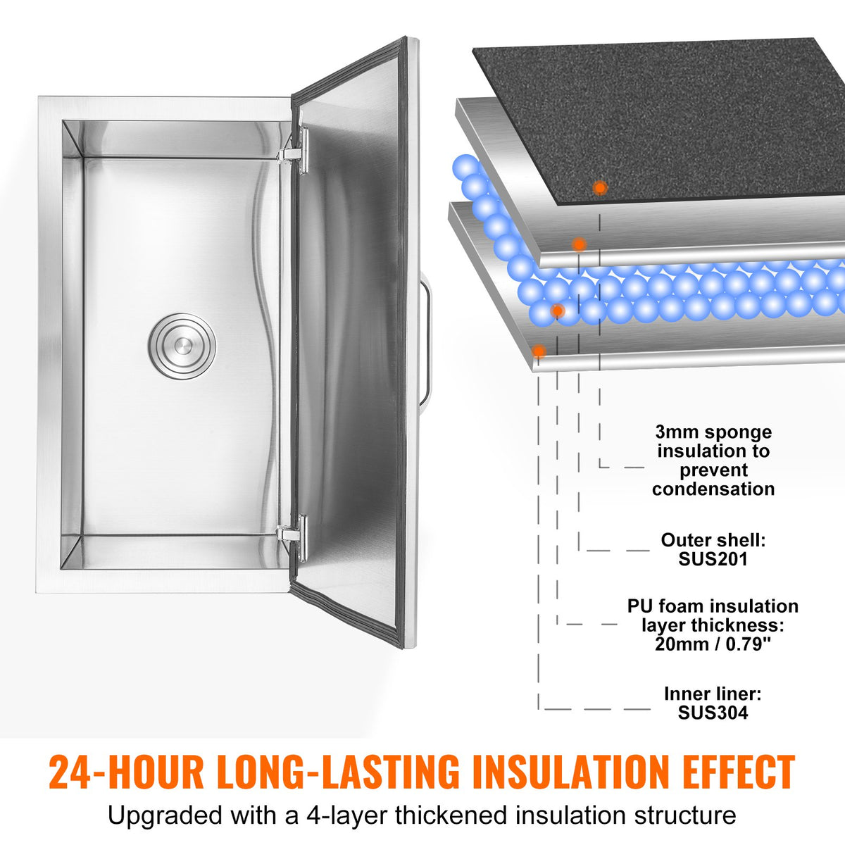 Drop in Ice Chest, 24"L x 20"W x 15"H Stainless Steel Ice Cooler, Commercial Ice Bin with Hinged Cover, 40 qt V952-QRSCBCFG20LXN50MQV0