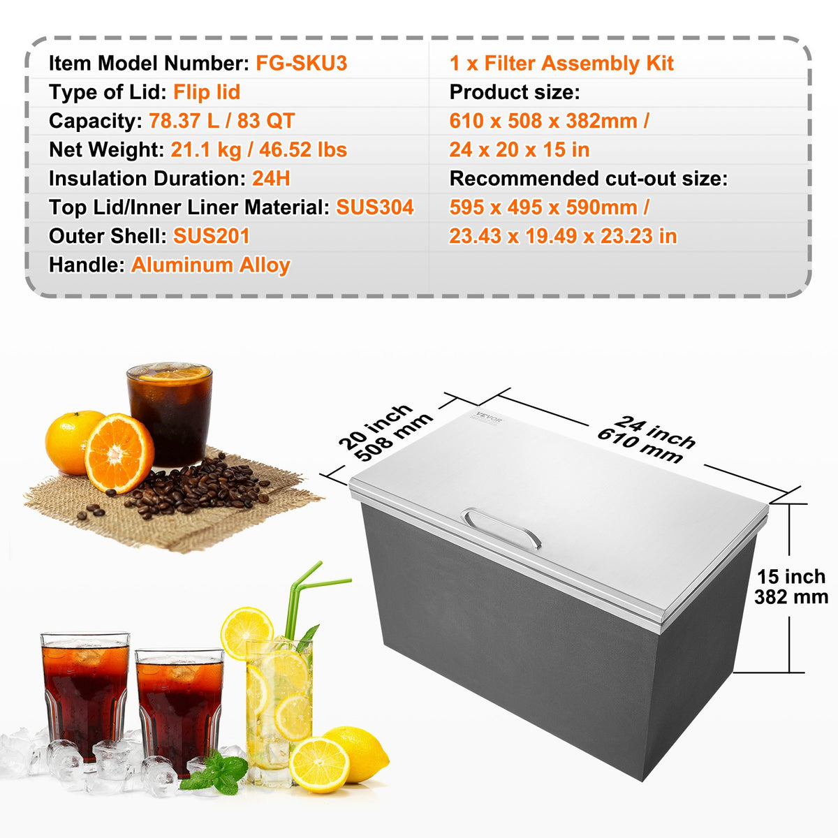 Drop in Ice Chest, 24"L x 20"W x 15"H Stainless Steel Ice Cooler, Commercial Ice Bin with Hinged Cover, 40 qt V952-QRSCBCFG20LXN50MQV0