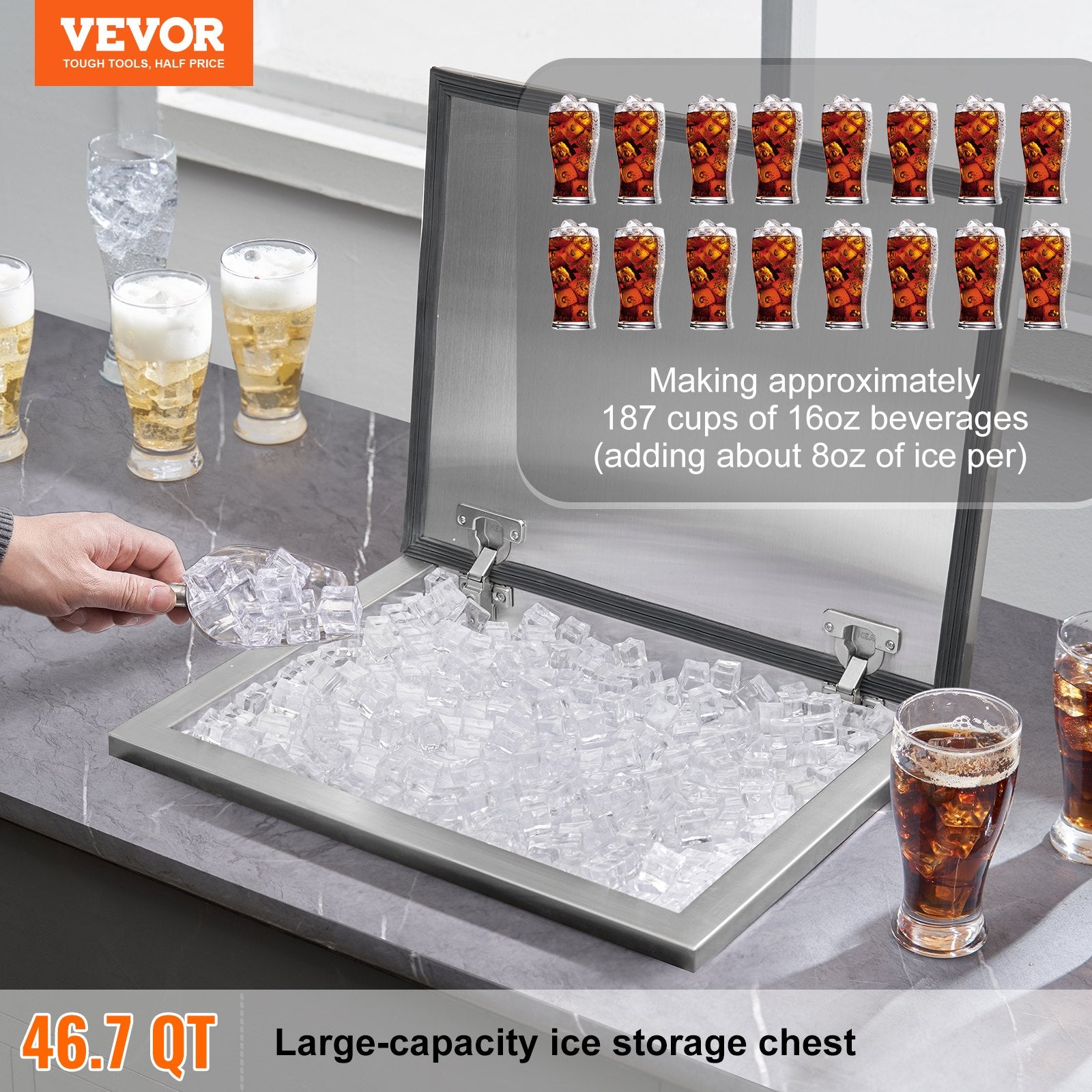 Drop in Ice Chest, 20"L x 16"W x 13"H Stainless Steel Ice Cooler, Commercial Ice Bin with Hinged Cover, 40 qt V952-QRSCBCFG20LXPDP5CV0