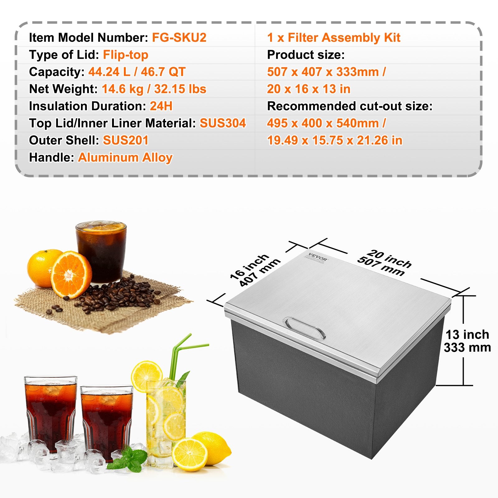Drop in Ice Chest, 20"L x 16"W x 13"H Stainless Steel Ice Cooler, Commercial Ice Bin with Hinged Cover, 40 qt V952-QRSCBCFG20LXPDP5CV0