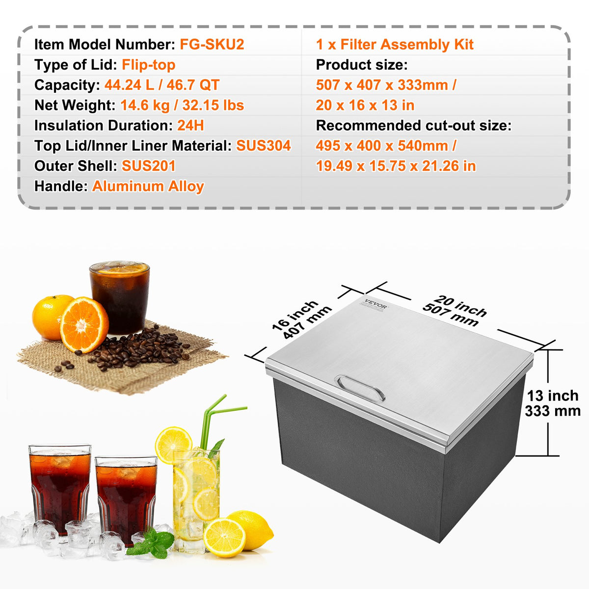Drop in Ice Chest, 20"L x 16"W x 13"H Stainless Steel Ice Cooler, Commercial Ice Bin with Hinged Cover, 40 qt V952-QRSCBCFG20LXPDP5CV0
