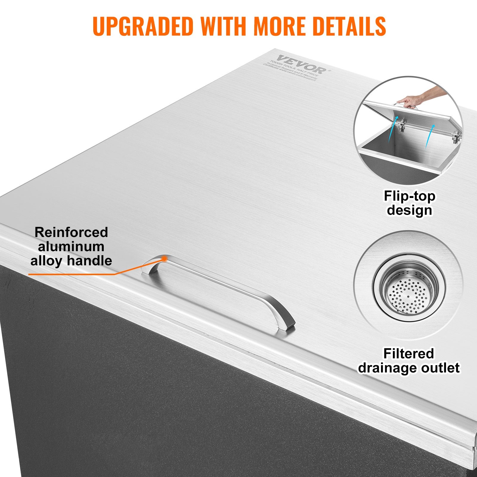 Drop in Ice Chest, 28"L x 16"W x 17"H Stainless Steel Ice Cooler, Commercial Ice Bin with Hinged Cover, 40 qt V952-QRSCBCFG28LXBJ5RTV0