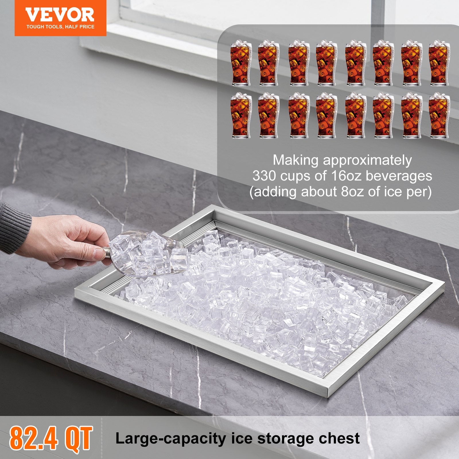 Drop in Ice Chest, 21"L x 17"W x 18"H Stainless Steel Ice Cooler, Commercial Ice Bin with Cover, 40 qt V952-QRSCBCGG21LXE233EV0