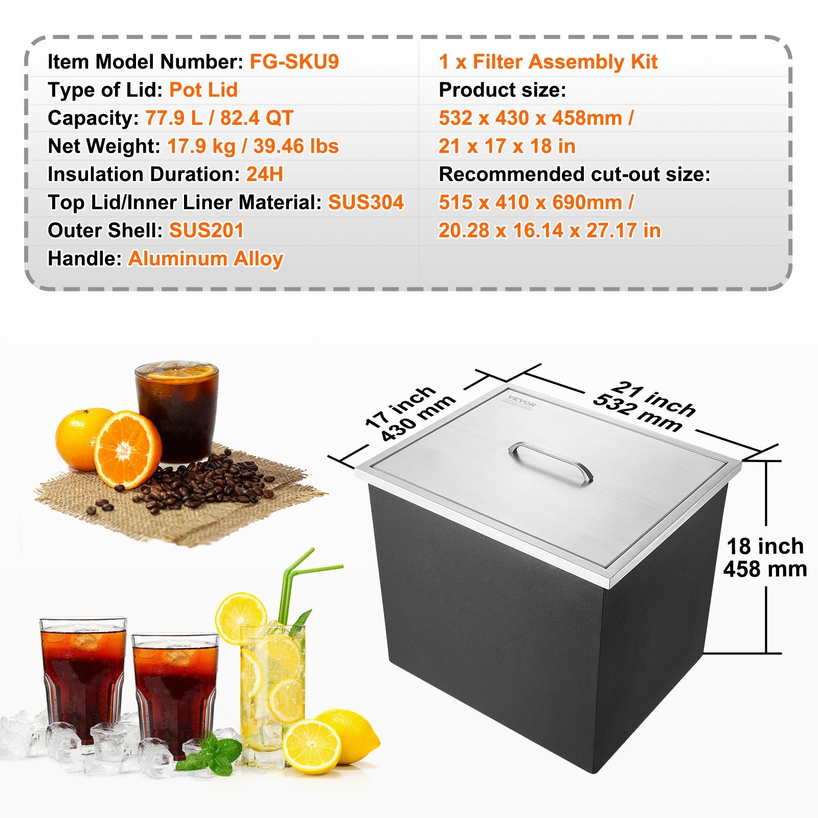 Drop in Ice Chest, 21"L x 17"W x 18"H Stainless Steel Ice Cooler, Commercial Ice Bin with Cover, 40 qt V952-QRSCBCGG21LXE233EV0