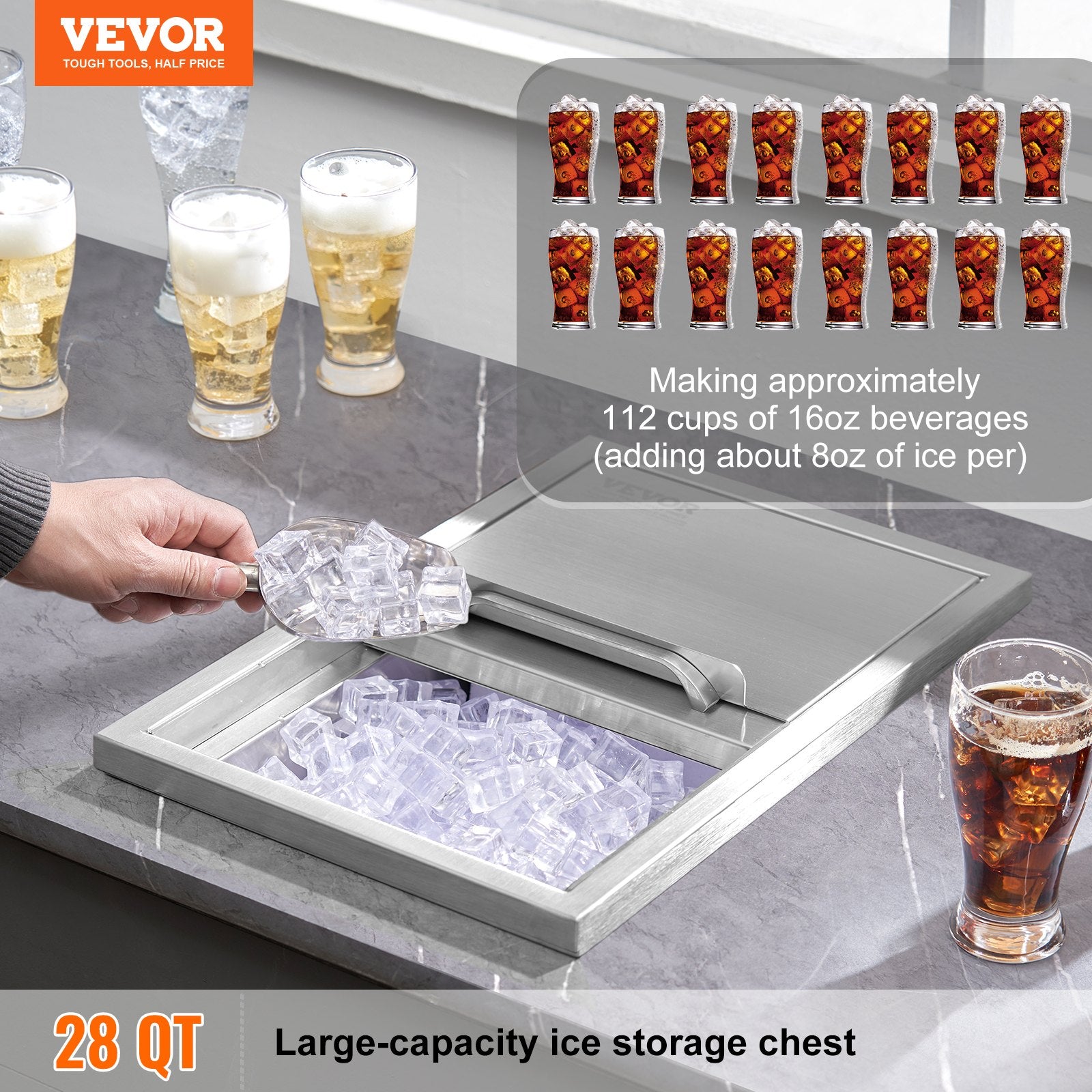 Drop in Ice Chest, 18"L x 12"W x 14.5"H Stainless Steel Ice Cooler, Commercial Ice Bin with Sliding Cover, V952-QRSCBCHG18LXZOFABV0