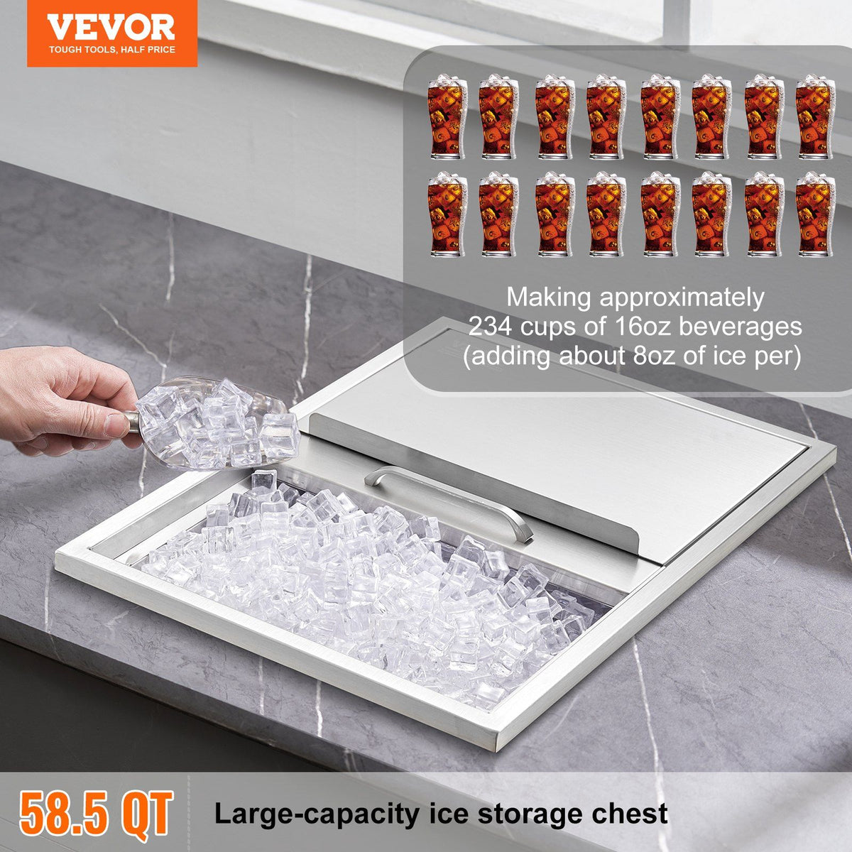 Drop in Ice Chest, 24"L x 18"W x 13"H Stainless Steel Ice Cooler, Commercial Ice Bin with Sliding Cover, 40.9 V952-QRSCBCHG24LXMG0KCV0