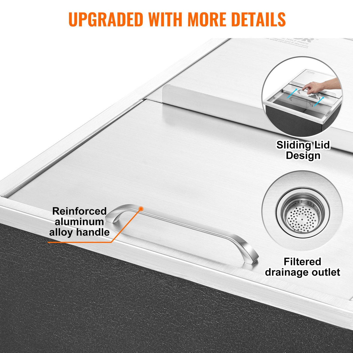 Drop in Ice Chest, 24"L x 18"W x 13"H Stainless Steel Ice Cooler, Commercial Ice Bin with Sliding Cover, 40.9 V952-QRSCBCHG24LXMG0KCV0