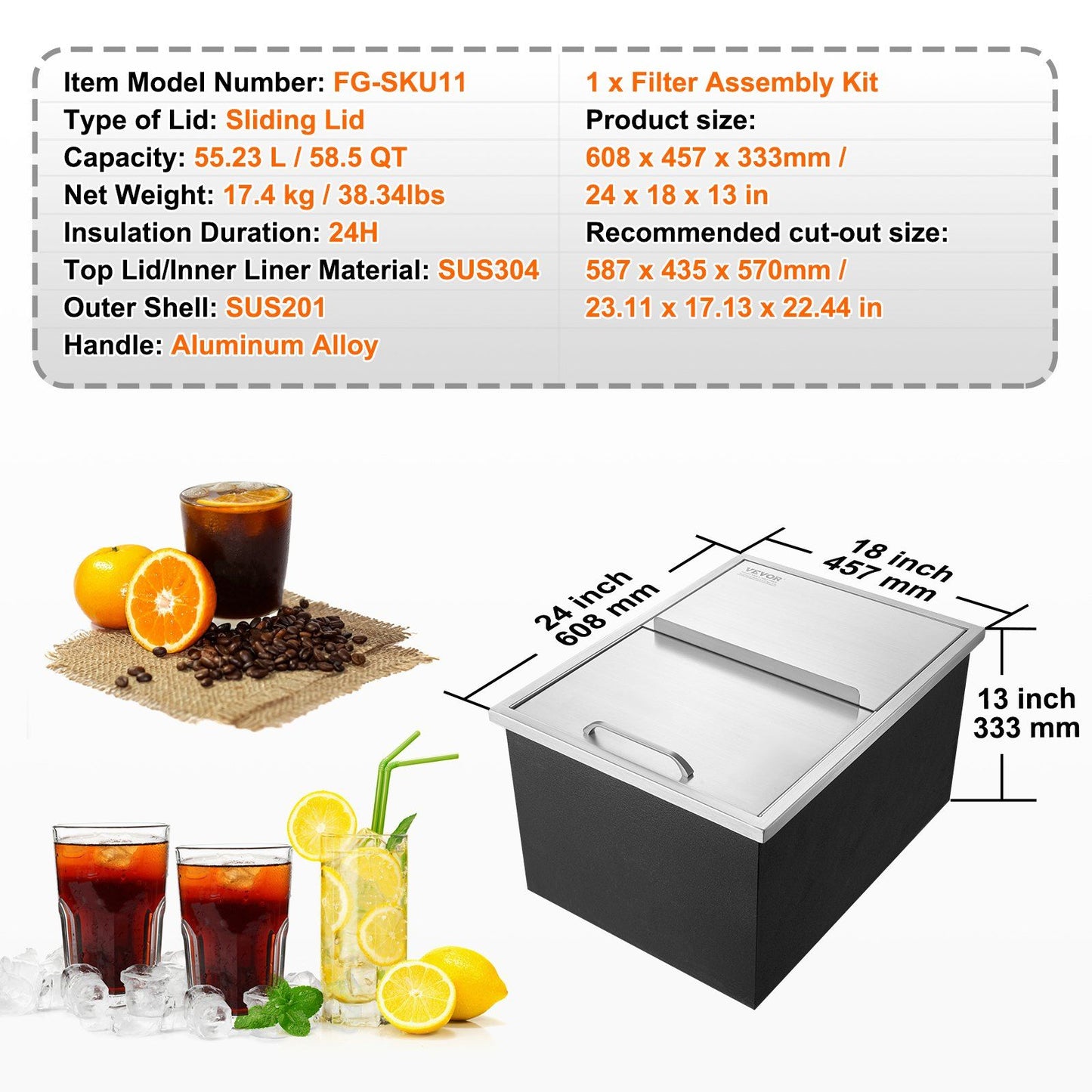 Drop in Ice Chest, 24"L x 18"W x 13"H Stainless Steel Ice Cooler, Commercial Ice Bin with Sliding Cover, 40.9 V952-QRSCBCHG24LXMG0KCV0