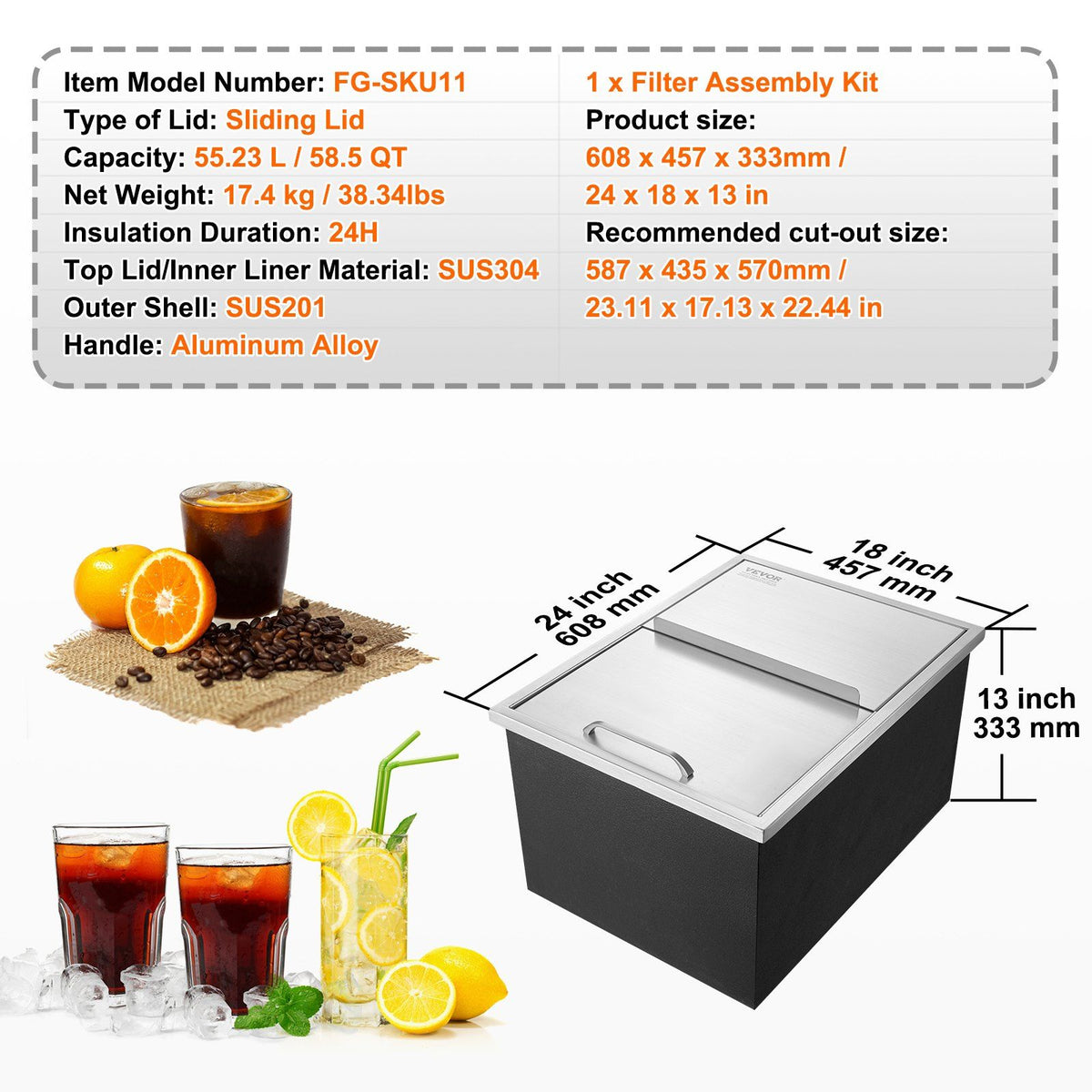 Drop in Ice Chest, 24"L x 18"W x 13"H Stainless Steel Ice Cooler, Commercial Ice Bin with Sliding Cover, 40.9 V952-QRSCBCHG24LXMG0KCV0