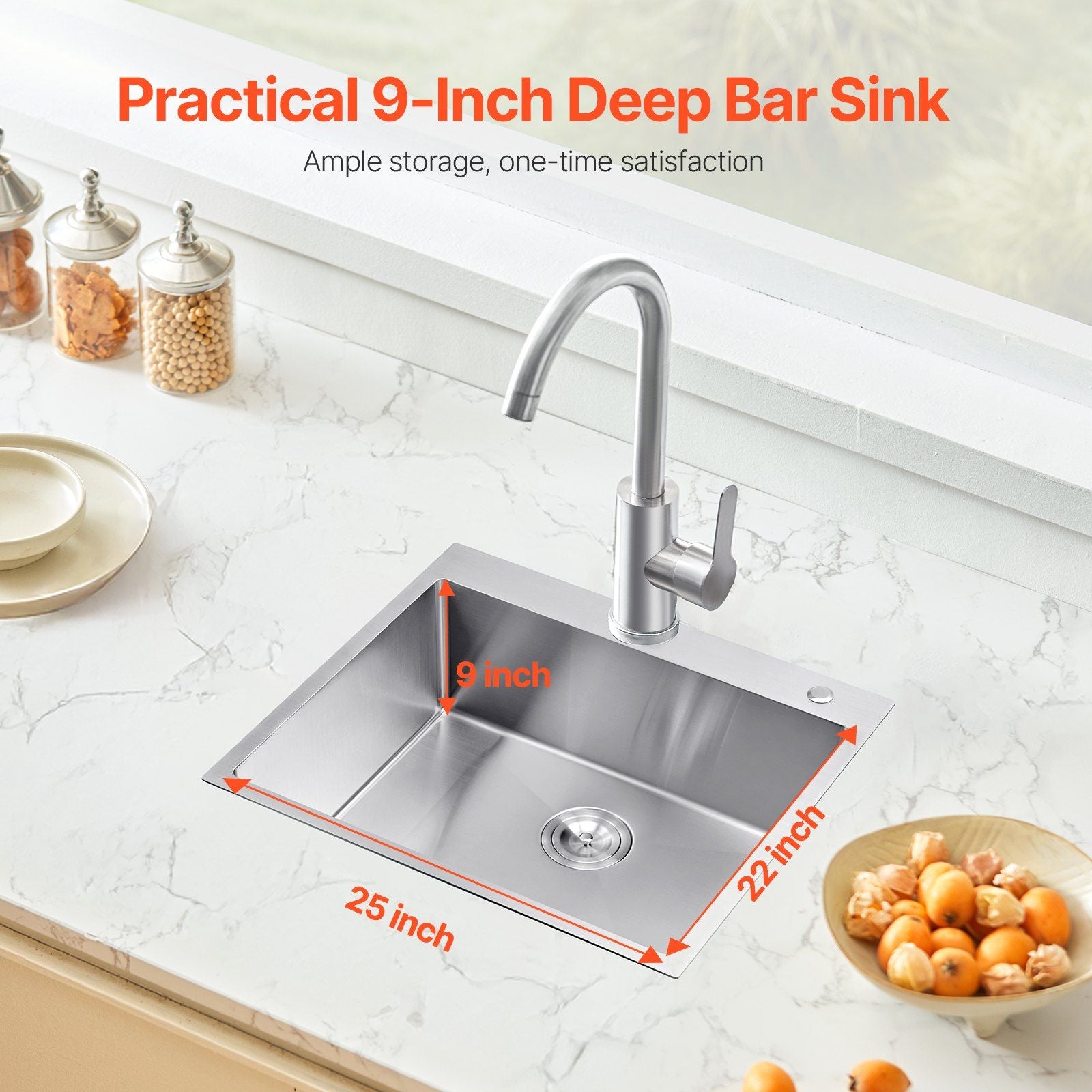 25 inch Kitchen Sink Workstation, 304 Stainless Steel Top Mount Sinks, Drop-In Single Bowl Farmhouse Basin V952-QRSSCTSPDC255JJGGV0