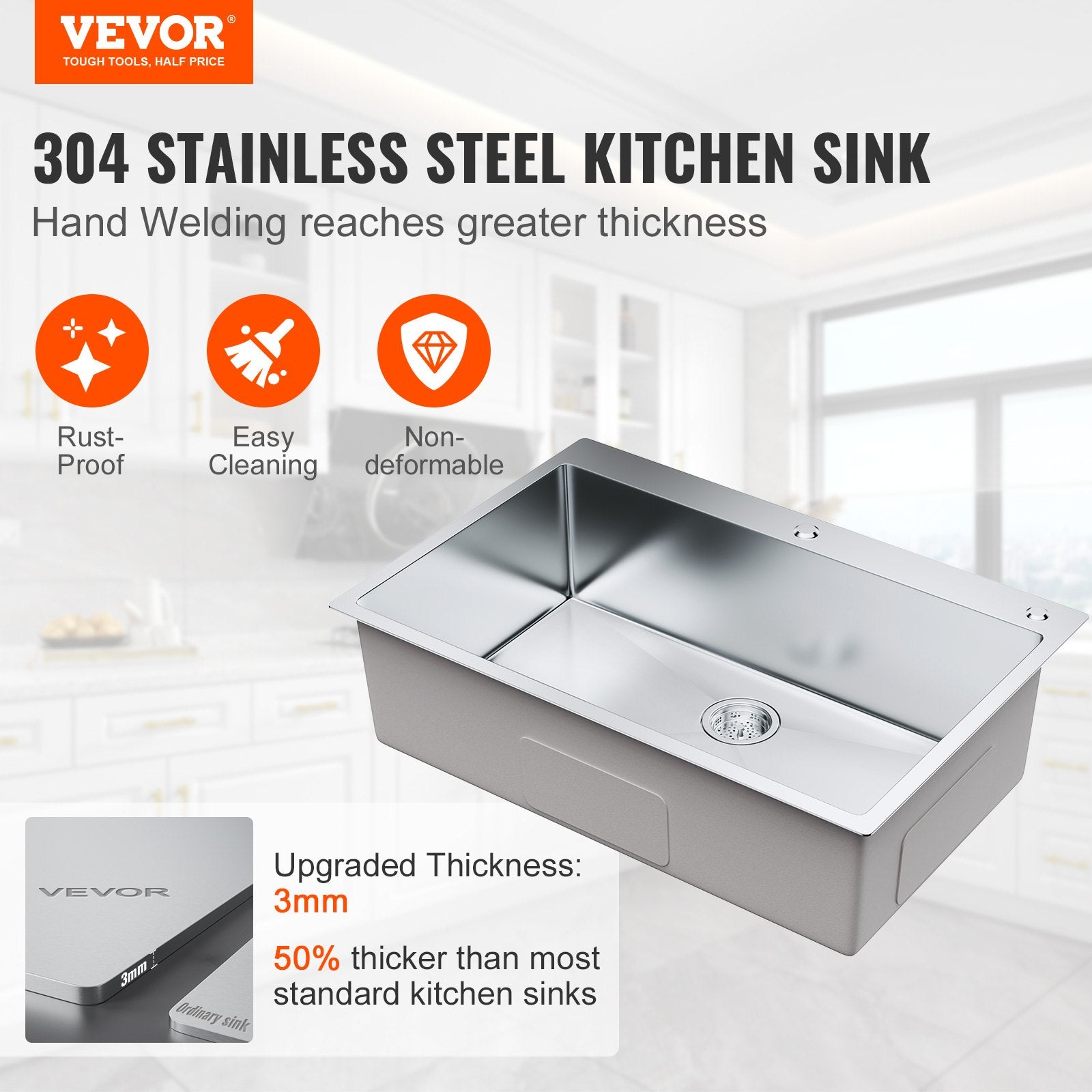 Kitchen Sink, 304 Stainless Steel Drop-In Sinks, Top Mount Single Bowl Basin with Accessories(Pack of 3), V952-QRSSCTSPDCY335P1LV0