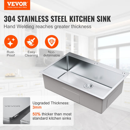 Kitchen Sink, 304 Stainless Steel Drop-In Sinks, Top Mount Single Bowl Basin with Accessories(Pack of 3), V952-QRSSCTSPDCY335P1LV0