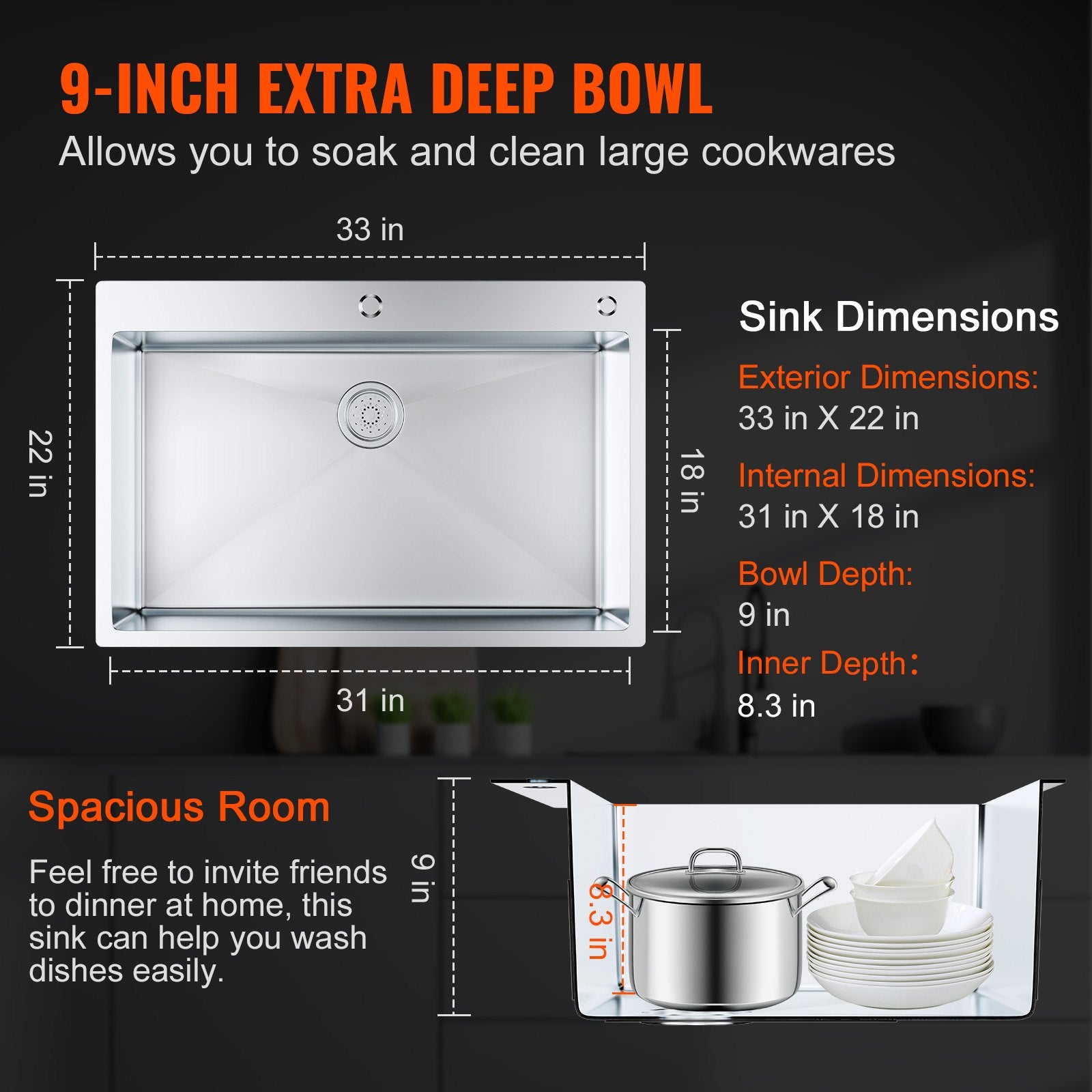 Kitchen Sink, 304 Stainless Steel Drop-In Sinks, Top Mount Single Bowl Basin with Accessories(Pack of 3), V952-QRSSCTSPDCY335P1LV0