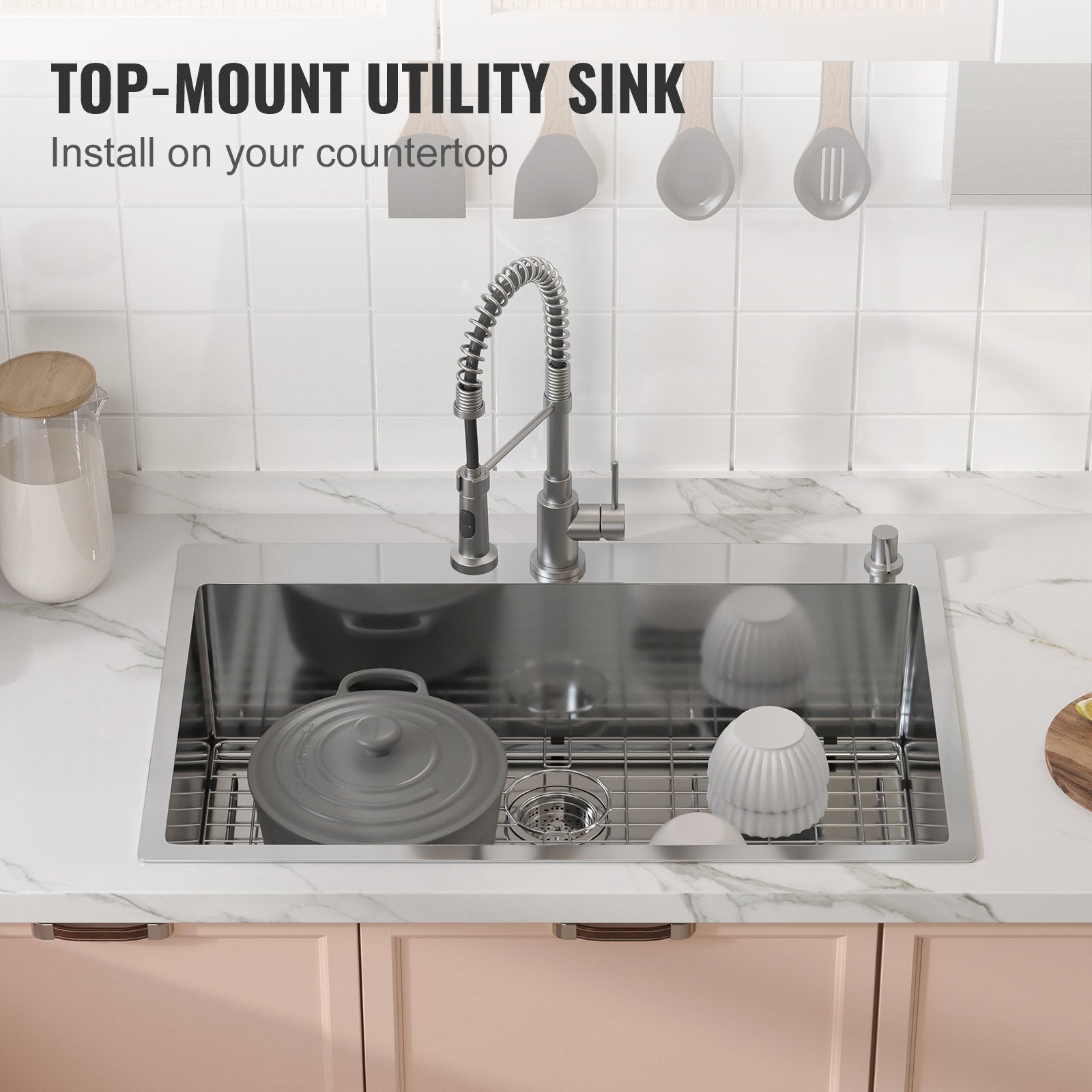 Kitchen Sink, 304 Stainless Steel Drop-In Sinks, Top Mount Single Bowl Basin with Accessories(Pack of 3), V952-QRSSCTSPDCY335P1LV0