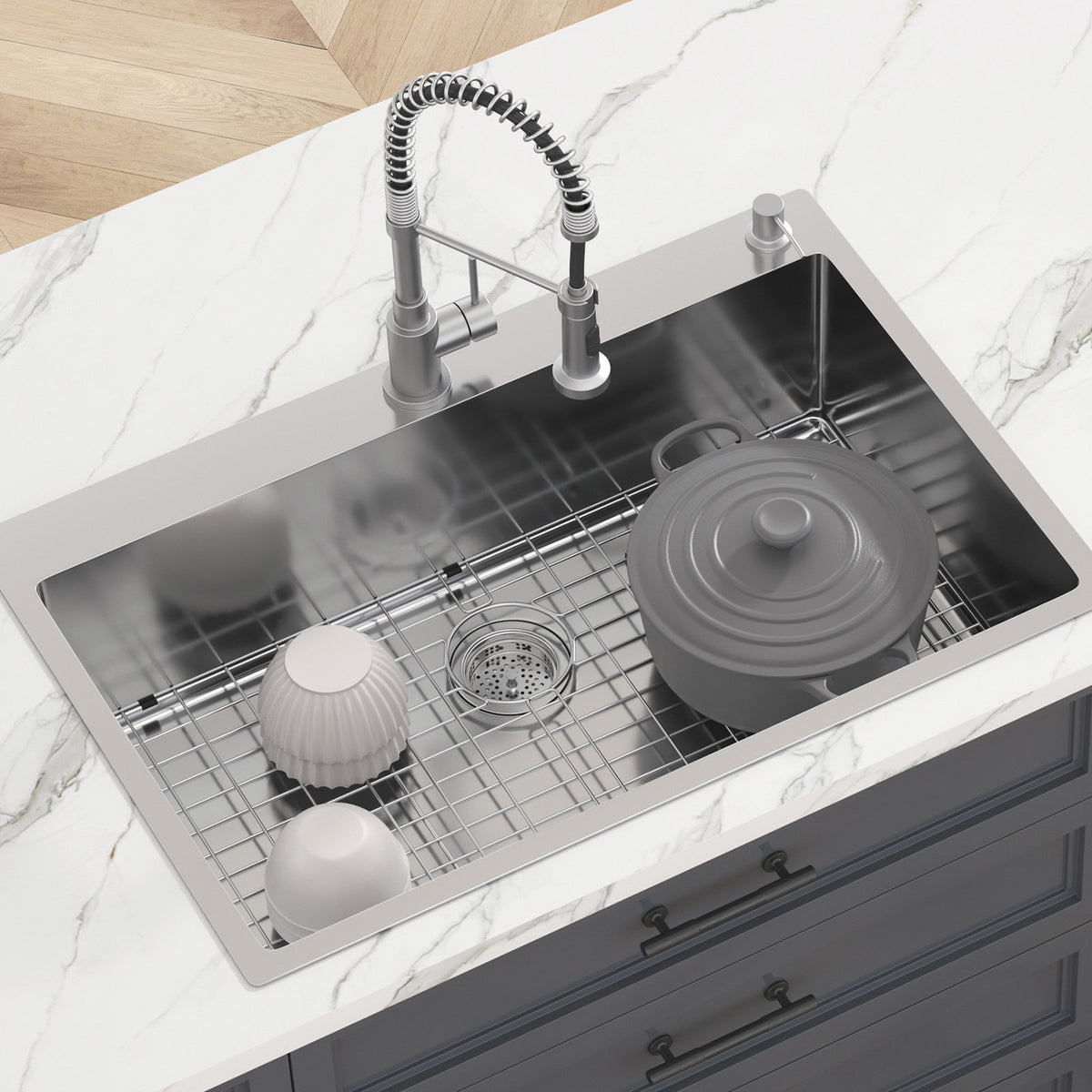 Kitchen Sink, 304 Stainless Steel Drop-In Sinks, Top Mount Single Bowl Basin with Accessories(Pack of 3), V952-QRSSCTSPDCY335P1LV0