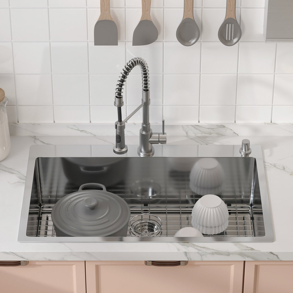 Kitchen Sink, 304 Stainless Steel Drop-In Sinks, Top Mount Single Bowl Basin with Accessories(Pack of 3), V952-QRSSCTSPDCY335P1LV0