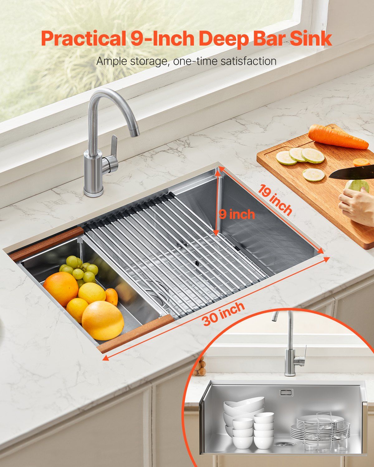 30 inch Kitchen Sink Workstation, 304 Stainless Steel Undermount Sink, Drop-In Single Bowl Farmhouse Basin V952-QRSSCTXPDC30WNDLEV0