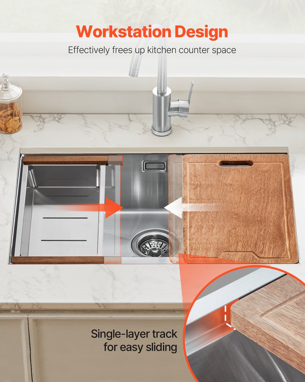 30 inch Kitchen Sink Workstation, 304 Stainless Steel Undermount Sink, Drop-In Single Bowl Farmhouse Basin V952-QRSSCTXPDC30WNDLEV0