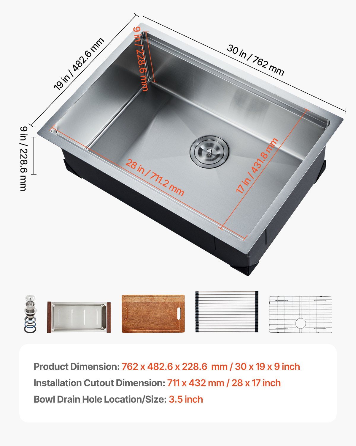 30 inch Kitchen Sink Workstation, 304 Stainless Steel Undermount Sink, Drop-In Single Bowl Farmhouse Basin V952-QRSSCTXPDC30WNDLEV0