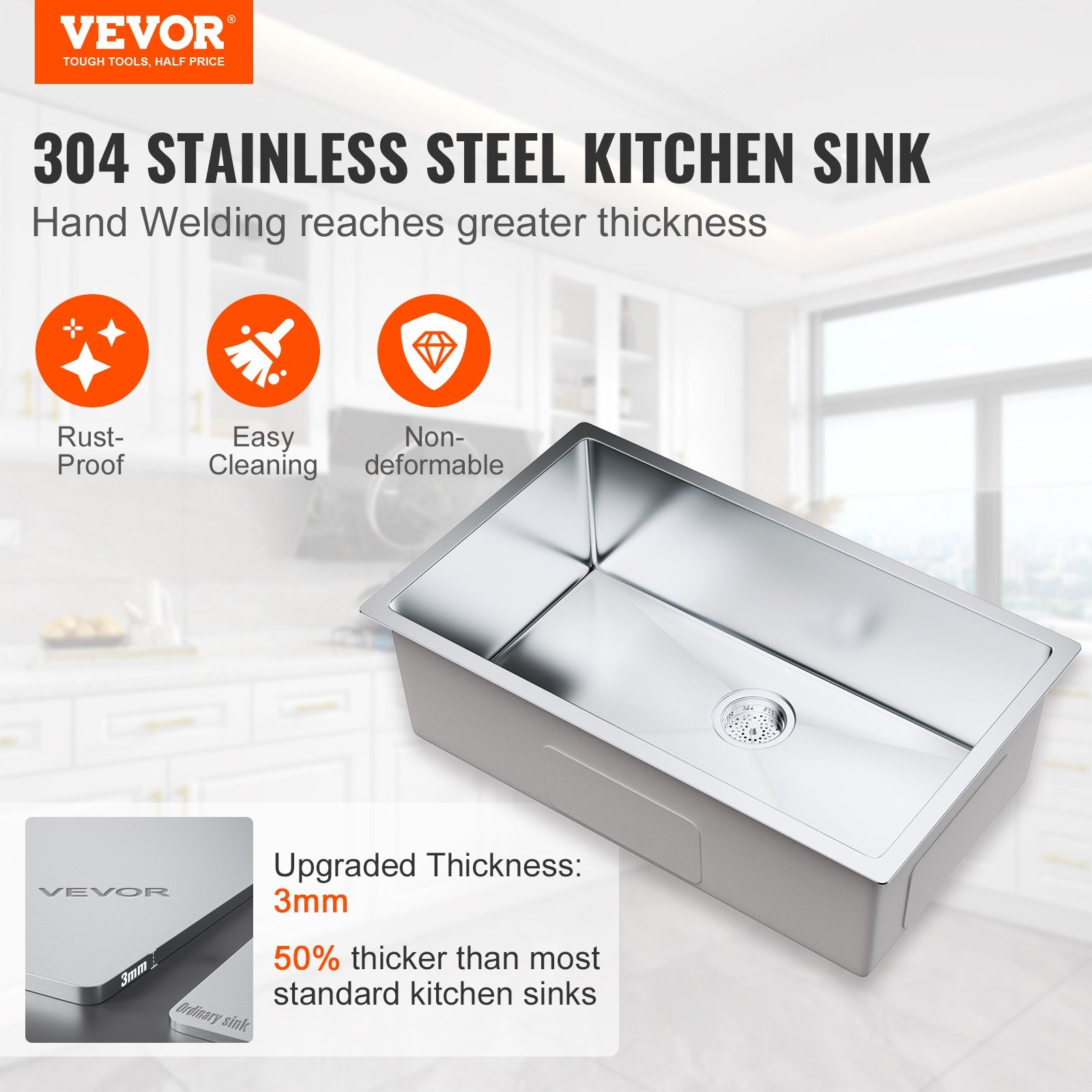 Kitchen Sink, 304 Stainless Steel Drop-In Sinks, Undermount Single Bowl Basin with Accessories(Pack of 3), V952-QRSSCTXPDCY30ZB7SV0