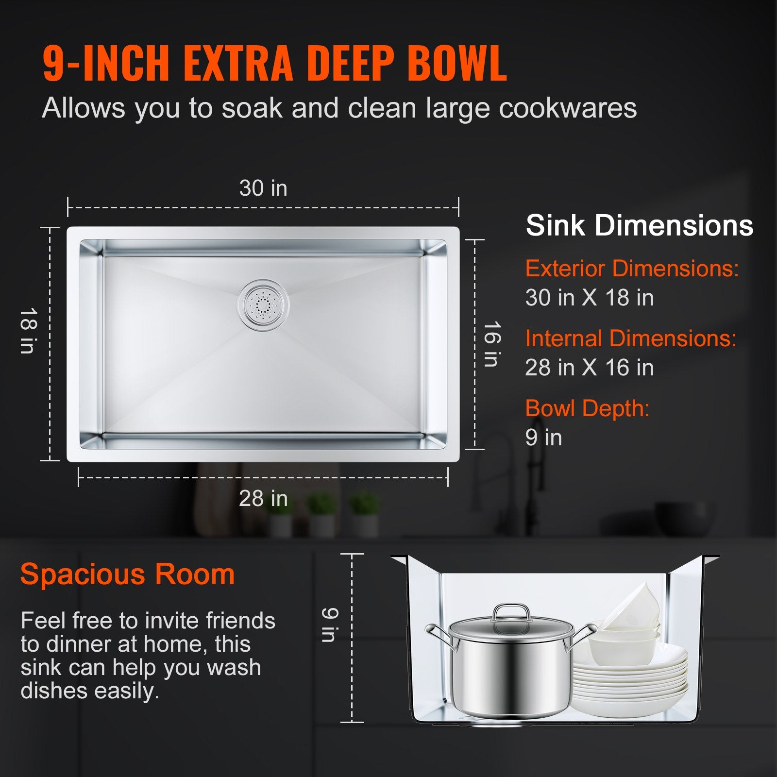 Kitchen Sink, 304 Stainless Steel Drop-In Sinks, Undermount Single Bowl Basin with Accessories(Pack of 3), V952-QRSSCTXPDCY30ZB7SV0