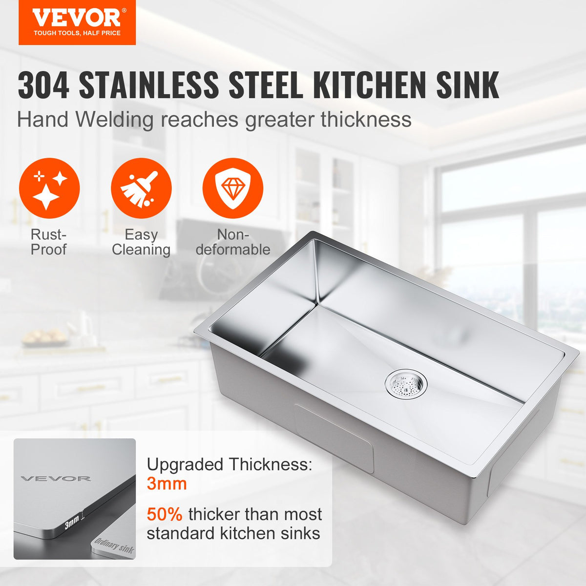 Kitchen Sink, 304 Stainless Steel Drop-In Sinks, Undermount Single Bowl Basin with Accessories(Pack of 3), V952-QRSSCTXPDCY32WYR7V0