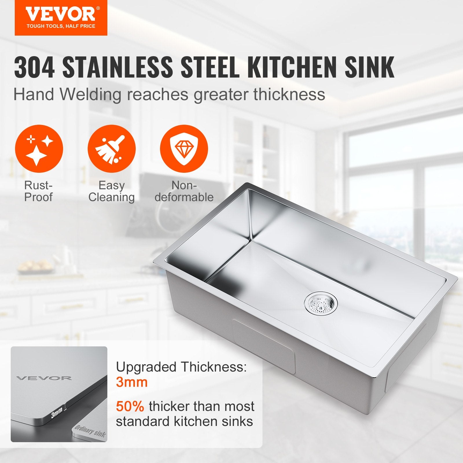 Kitchen Sink, 304 Stainless Steel Drop-In Sinks, Undermount Single Bowl Basin with Accessories(Pack of 3), V952-QRSSCTXPDCY32WYR7V0