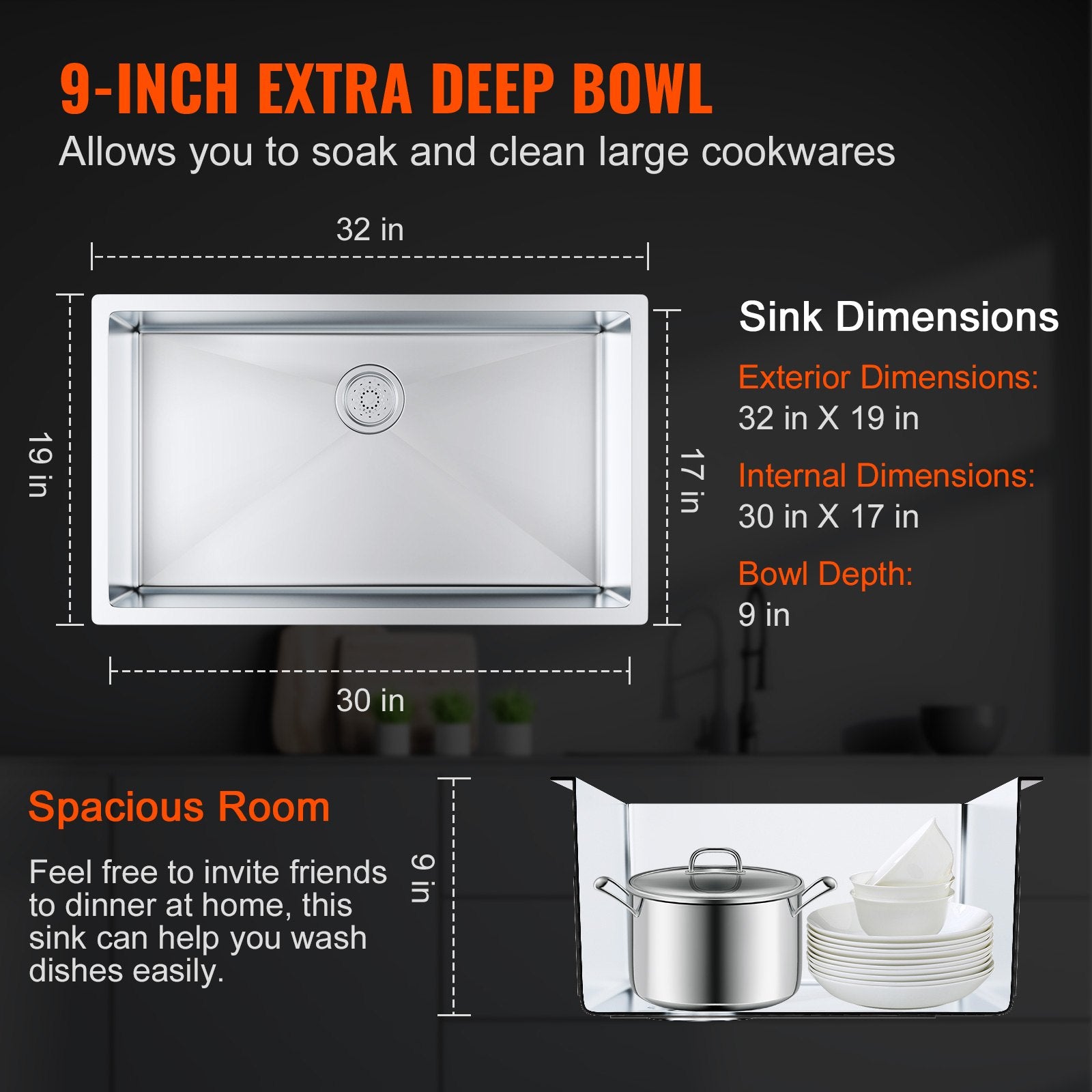Kitchen Sink, 304 Stainless Steel Drop-In Sinks, Undermount Single Bowl Basin with Accessories(Pack of 3), V952-QRSSCTXPDCY32WYR7V0