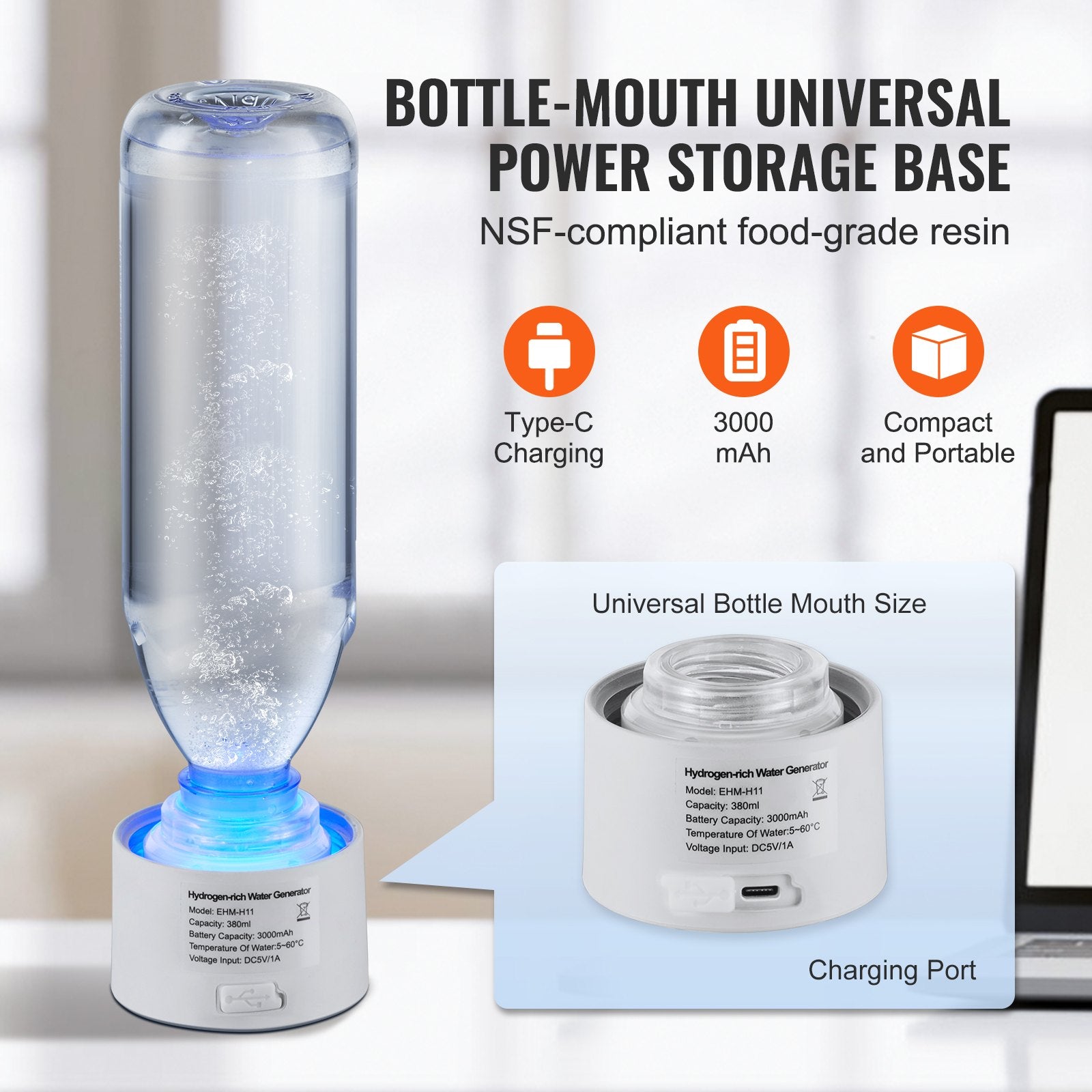 Hydrogen Water Bottle Generator, 380 ml / 13.4 oz Capacity Portable Hydrogen Water Maker, SPE Technology V952-QSPFQSXQQPGSY2CFSV9