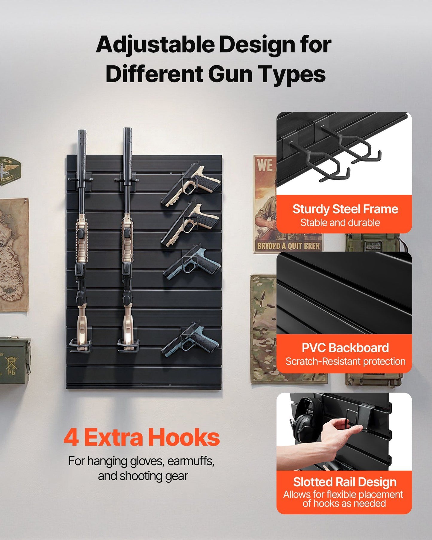 Gun Rack, Wall Mount, Tactical Rifle Shotgun Handgun Storage, Heavy-Duty PVC Panels & Steel Wall Racks, V952-QSZSQJJS2QW0QY758001V0