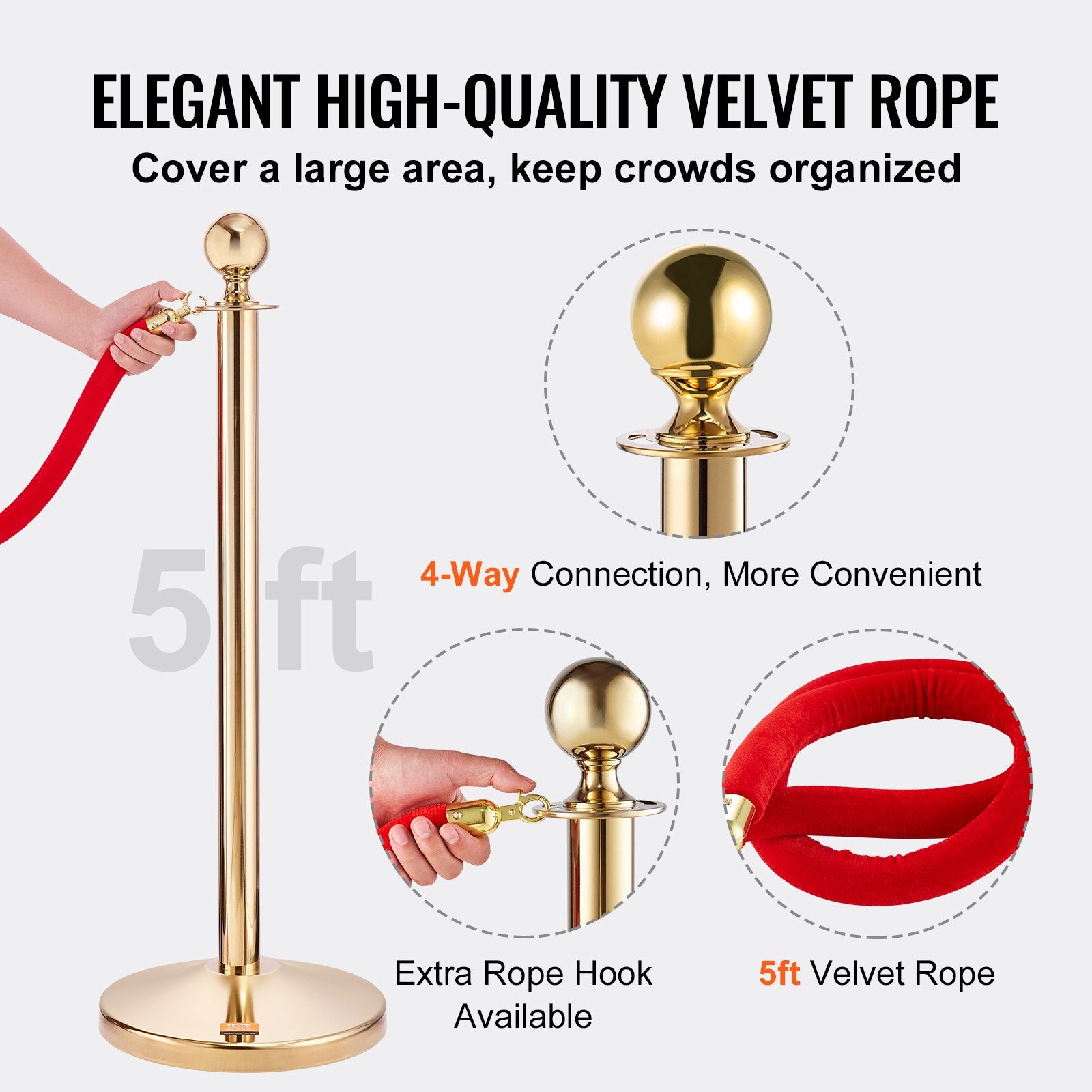 Stanchion Post with Velvet Rope, 4-Pack Crowd Control Stanchion with 3PCS 5FT Red Velvet Ropes, Stainless V952-QTGLZJSBXGKT8MRTBV0