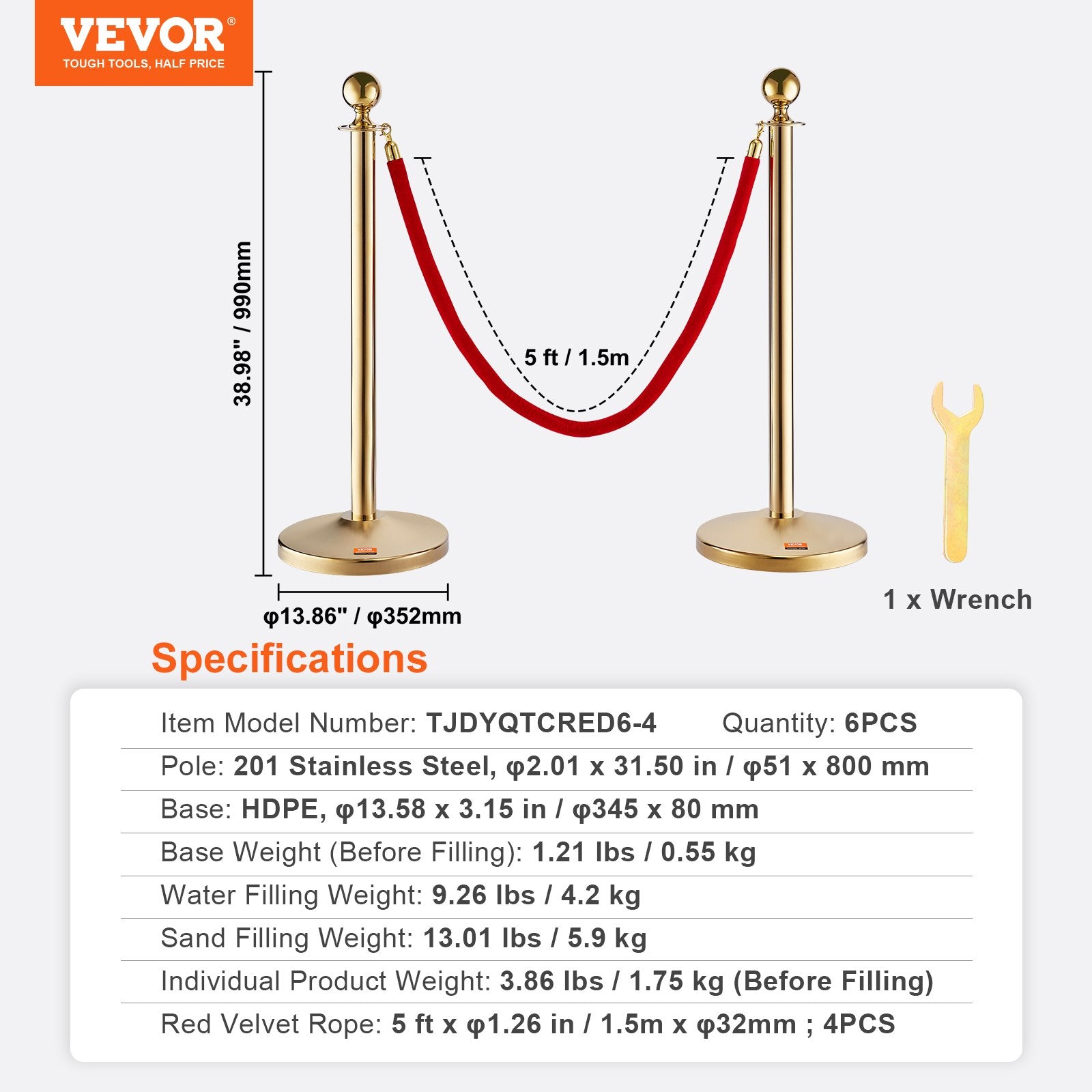 Stanchion Post with Velvet Rope, 6-Pack Crowd Control Stanchion with 4PCS 5FT Red Velvet Ropes, Stainless V952-QTGLZJSBXGKTNTBR1V0