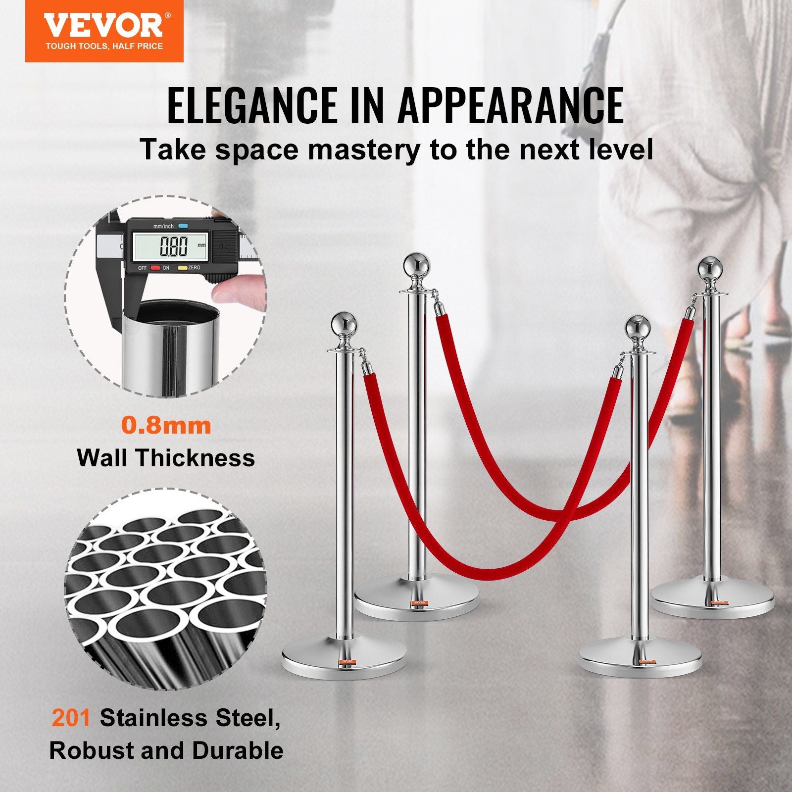 Stanchion Post with Velvet Rope, 4-Pack Crowd Control Stanchion with 2PCS 5FT Red Velvet Ropes, Stainless V952-QTGLZYSBXGKTJCGM7V0
