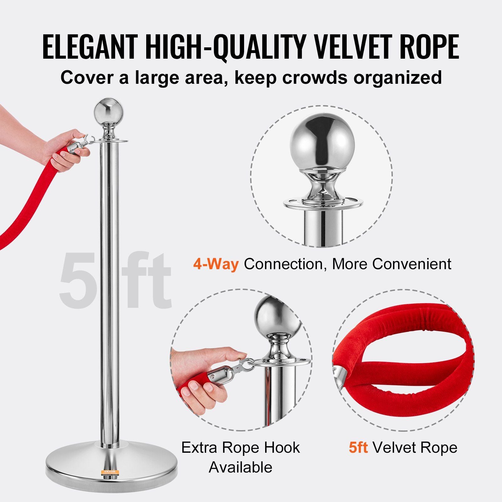 Stanchion Post with Velvet Rope, 4-Pack Crowd Control Stanchion with 2PCS 5FT Red Velvet Ropes, Stainless V952-QTGLZYSBXGKTJCGM7V0