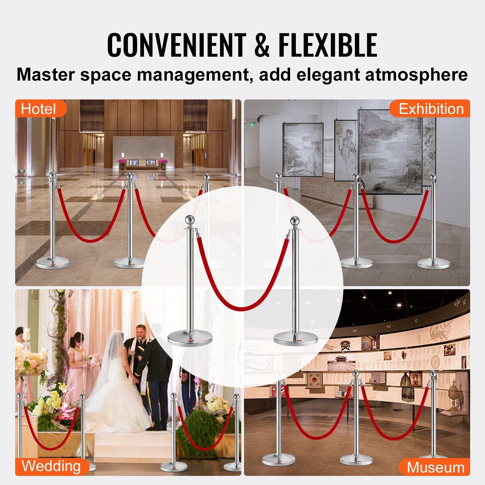 Stanchion Post with Velvet Rope, 4-Pack Crowd Control Stanchion with 2PCS 5FT Red Velvet Ropes, Stainless V952-QTGLZYSBXGKTJCGM7V0