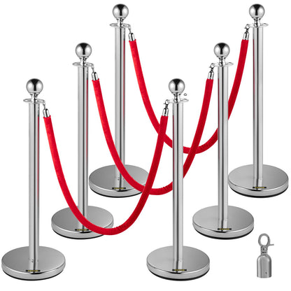 6PCS Red Rope Stanchion Silver Post Crowd Control Queue Line Barrier V952-QTGLZYSBXGZX6SE4XV0