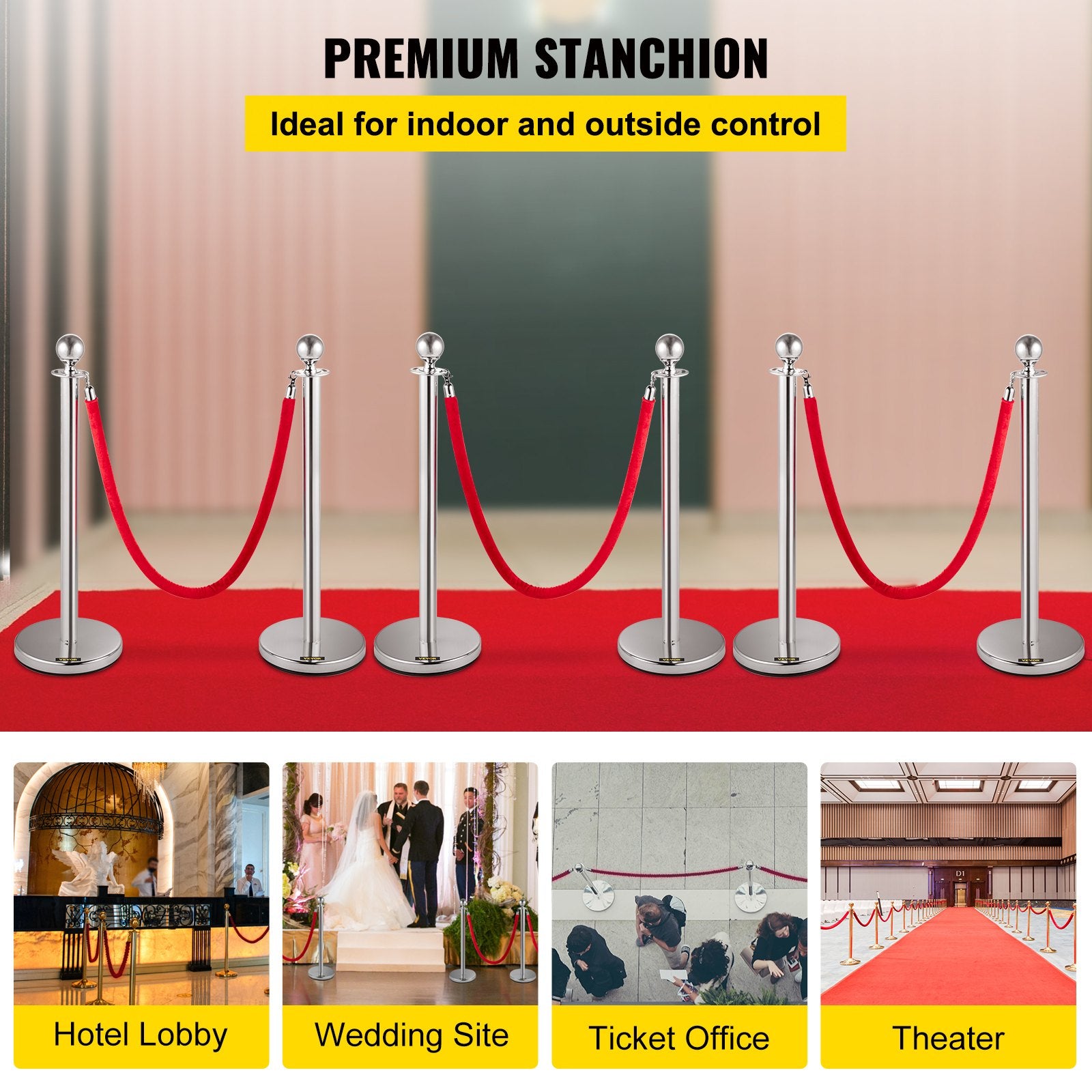 6PCS Red Rope Stanchion Silver Post Crowd Control Queue Line Barrier V952-QTGLZYSBXGZX6SE4XV0